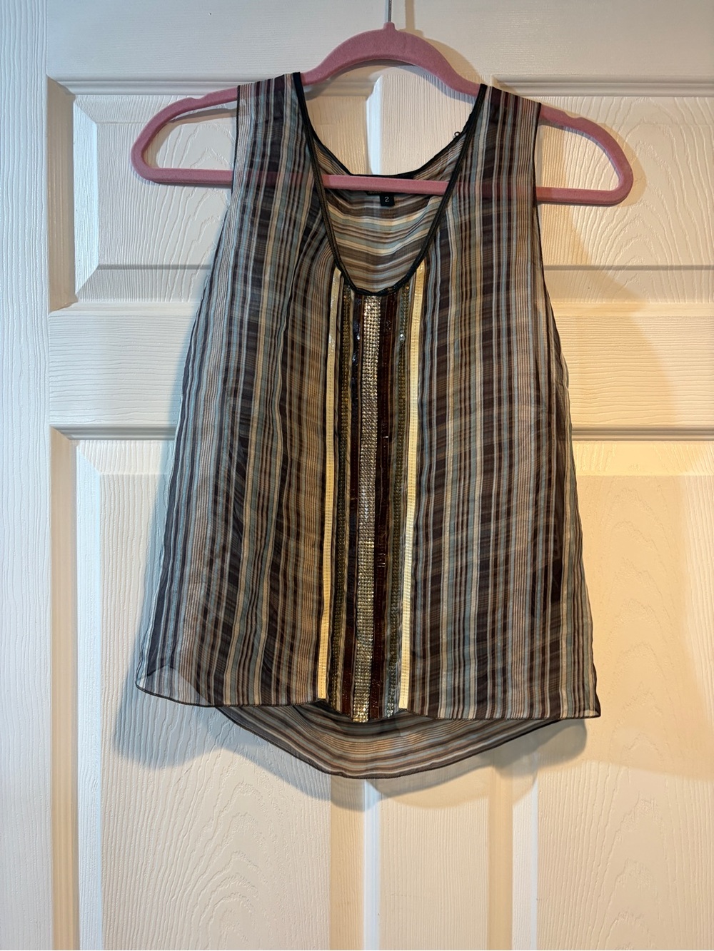 Sheer Striped Sleeveless Top with Sequin Trim - Black/Brown/Cream